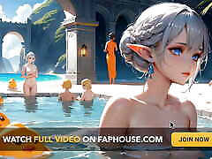 An Elf Girl Bathing in the Bond While Others Are Watching Her Near Beach