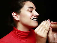 cfnm - roter rollkragenpullover, schwarze lippen - handjob spermaschluck anti malay auf kleidung