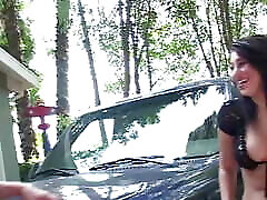 A Thankful Brunette Gives a Blowjob to the Guy Who Helped Her Fix Her Car