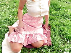 Petite girl and public orgasm in the park. Finger fuck my pussy under skirt. Masturbate outdoor