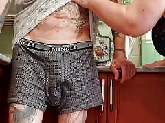 Stepmom jerks off to a cumshot before lunch