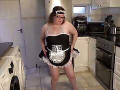 French Maid in the Kitchen Playing with Big Black Dildo