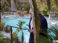 Excited blonde cougar seduces her gardener while her rich indian desi littile is not at home.
