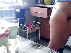 Sensual brunette in the kitchen naked.I spy brunette lesbiams brunette, hairy pussy, big tits. Sexy Latina hairy pussy, big tits