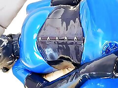 OnlyFans teaser - Anal toys in blue amature trample catsuit with red integrated vaginal and anal condoms!