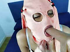 Sexy Latin busty femdom handjob slut in slave mask playing with her master with a dildo dick toy in her ass and mouth