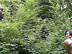 A stunning French runner gets assfucked in the woods by two dudes