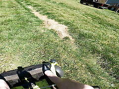 Big fake jiggly bouncing boobs crossdresser on riding mower