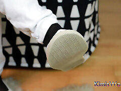 White Jeans, Black Reinforced Toe Stockings & White Espadrilles - Shoeplay & Dangling