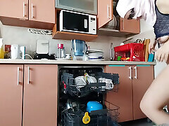 Hairy Brunette Pussy, Big Tits, Sensual crazy leabian Woman in the Kitchen.