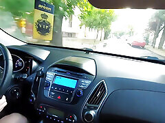Horny mature mom with high heels and sexy legs in the car in the morning on the way to the office