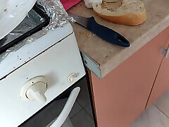 Brunette hairy pussy prepares breakfast naked in the kitchen. Sexy mom cleans the house naked. Amateur wife handjob until orgasm