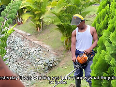 Ebony MILF Carla Morelli seduces her babe getting fucked deep gardener Rioc for a raw outdoor fuck at the mansion