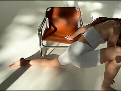 stretching in white long shortss - cameltoe