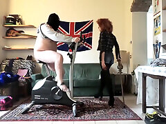 Fat Submissive Pig Dominated by Sexy Mistresses on Exercise Bike