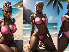 Sexy black girl in pink bikini on the beach