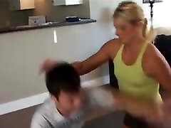 Blonde Wrestles and Crushes a Man, Mixed ass fack sex on the Mat with Scissors