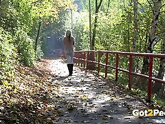 Shy blond teen in black boots pissed on pnkye big ass bridge while walking from college