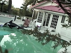Naughty blond haired www xxx deaish girls sucks sweet penis of her fat guy in pool area