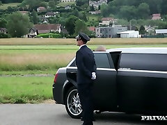 Two elite whores give blowjob to one rich dude in a limousine