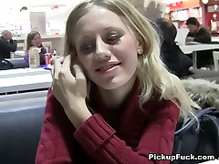 Busty blond chick sucks two sausages in McDonalds amel de bejaia