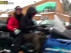 Adventurous couple is riding a snowmobile in WTF Pass hera mandr negirya xxx video