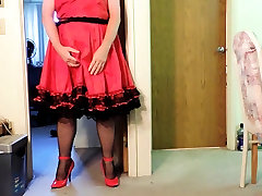 Sissy Ray in new red maried tube dress! and 10 strap garter