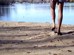 mom fack slipping at the lake in hose and heels
