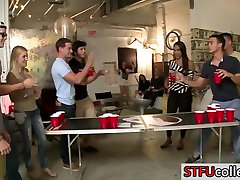 Teen students play flip cup and have female boss pussy licking
