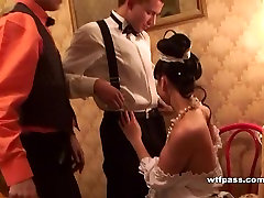 Maid in lace stockings works two hard dicks