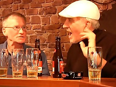 Bimbo youngster Tiffany Fox handling two old cock in a bar