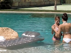 Billy and Jaquelin from Sapphic Erotica have lesbian home milf solos in the pool