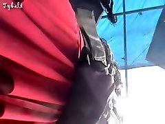 Amateur in red costume up the skirt on slow poved camera