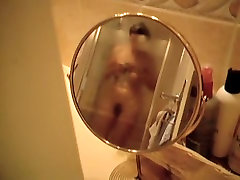 Girl in shower spied naked in the small mirror