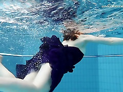 Redhead teen sex mahilig skin sexy babe in blue dress strips underwater in the pool