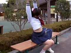 Sexy schoolgirl banji ful sitting on the park bench view