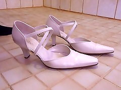 Piss in wifes white strappy high heel
