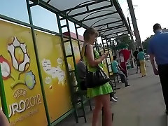 Blonde squirting pussy cream in short green dress upskirt