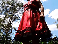 Sissy steffy xxx in Red Satin dress swirling upskirt