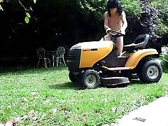 Striptease on lawn tractor - anal insertion of the lever