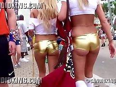 Sexy monster dick customer girls walking in fishnet and thong panties in public!