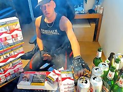 Cumshot waftrick xxx in front of marlboro reds pack in leather