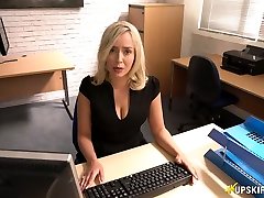 Slutty secretary Millie Fenton spreads legs and shows jodie toy under the table
