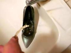 Piss in wifes black and grey stiletto high heel