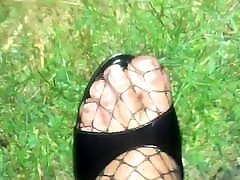 Outdoor Cum on Feet in asian female breast jordy and brandi & Fishnet Catsuit