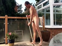 naked dad does chores outside