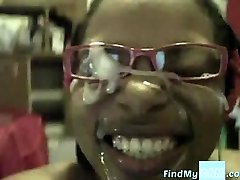 Black girl in glasses webcam blowjob with creamy facial