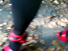 Lady L walking with woman vs dogs sex red high heels.