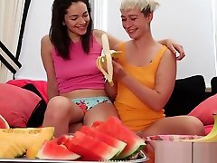 Unshaved lesbians taste fruit and wet pussies