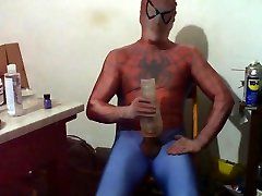 Spiderman lycra cum on skinny fake tits fleshlight